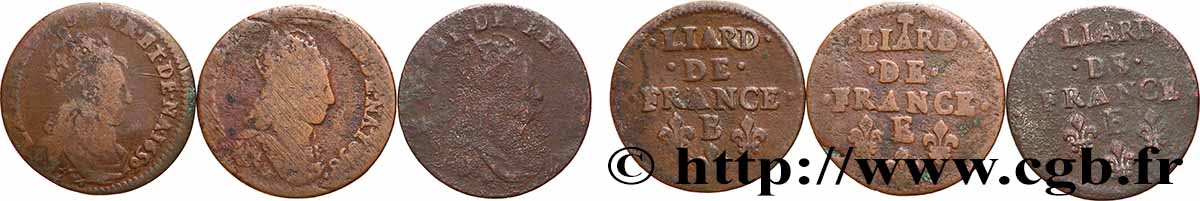 LOUIS XIV &nbsp;THE SUN KING&nbsp; Liard de cuivre “à la tête couronnée”, lot de 3 ex. n.d. Ateliers divers lot