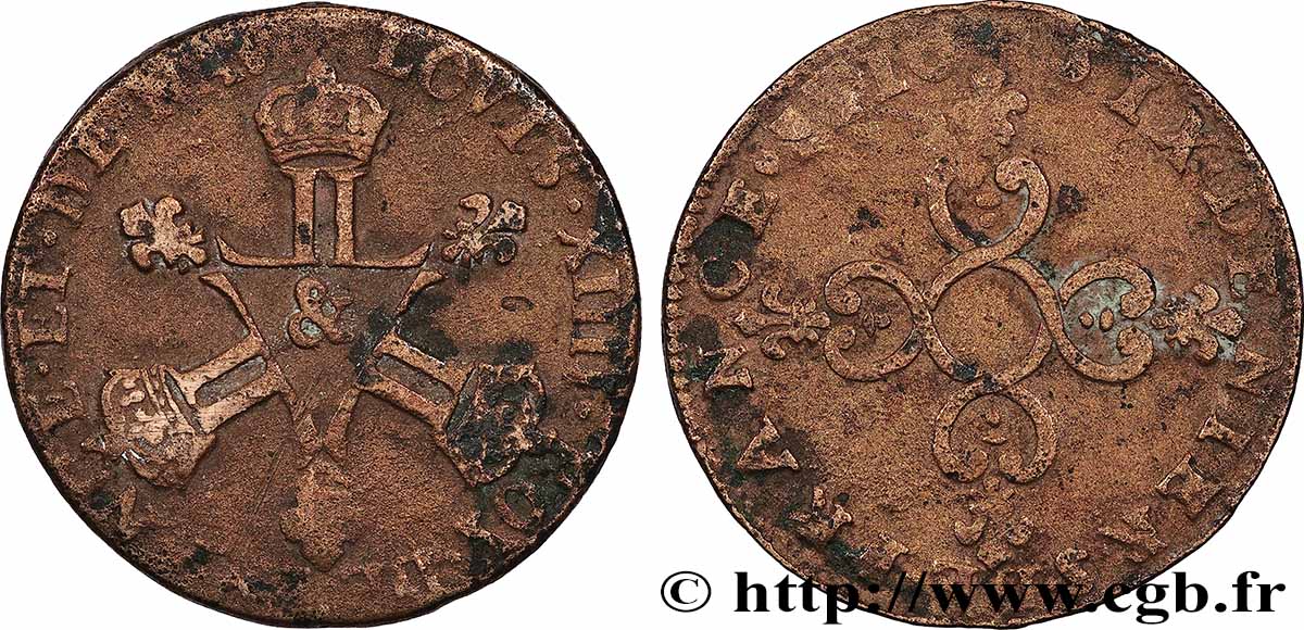LOUIS XIV &nbsp;THE SUN KING&nbsp; Pièce de six deniers 1710 Aix-en-Provence VF