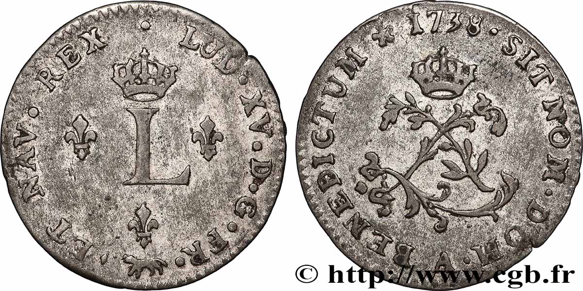 LOUIS XV THE BELOVED Double sol de billon 1738 Paris XF/AU
