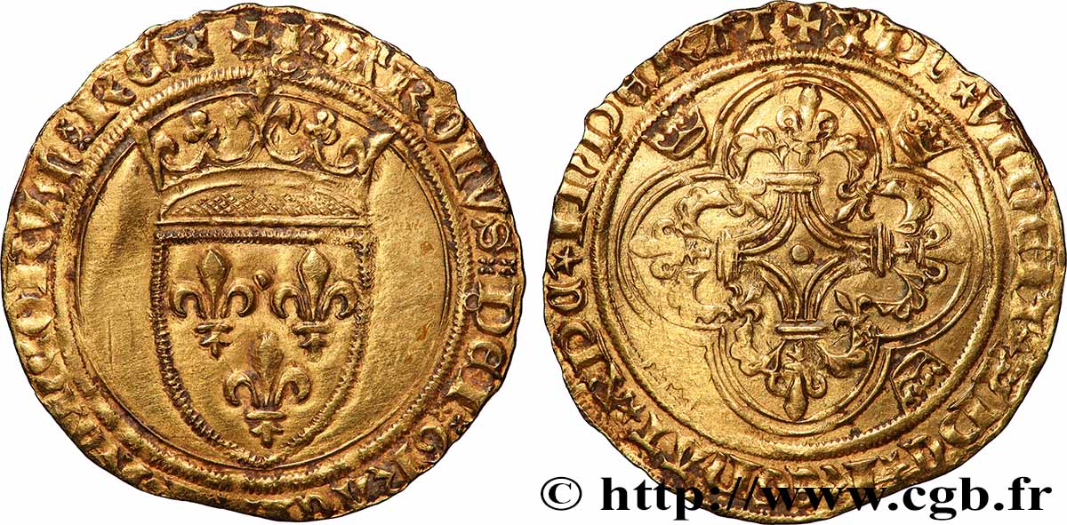 MONNAYAGE DU DUC DE BOURGOGNE AU NOM DE CHARLES VI LE FOU OU LE BIEN AIMÉ Écu d’or à la couronne s.m. Chalon-sur-Saône TTB+/TTB