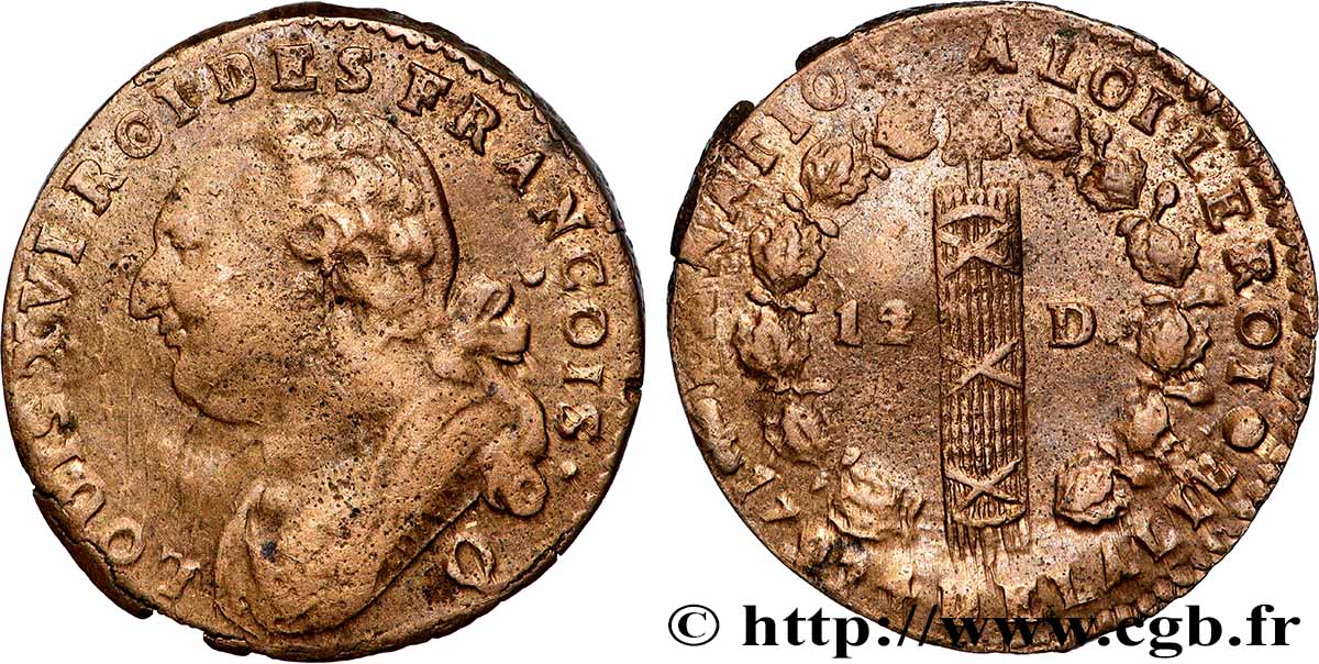 LOUIS XVI (MONARQUE CONSTITUTIONNEL)  12 deniers dit &nbsp;au faisceau&nbsp;, type FRANÇOIS 1792 Perpignan TB+/TTB