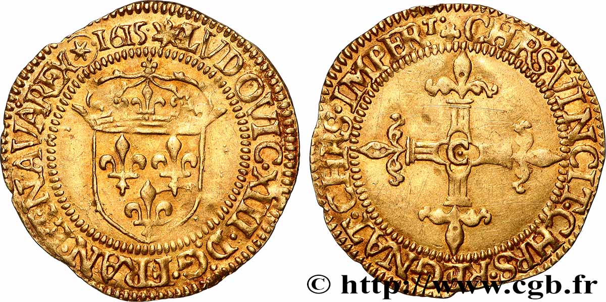 LOUIS XIII LE JUSTE Écu d&nbsp;or au soleil, à la croix bâtonnée et fleuronnée 1615 Saint-Lô TTB+/TTB