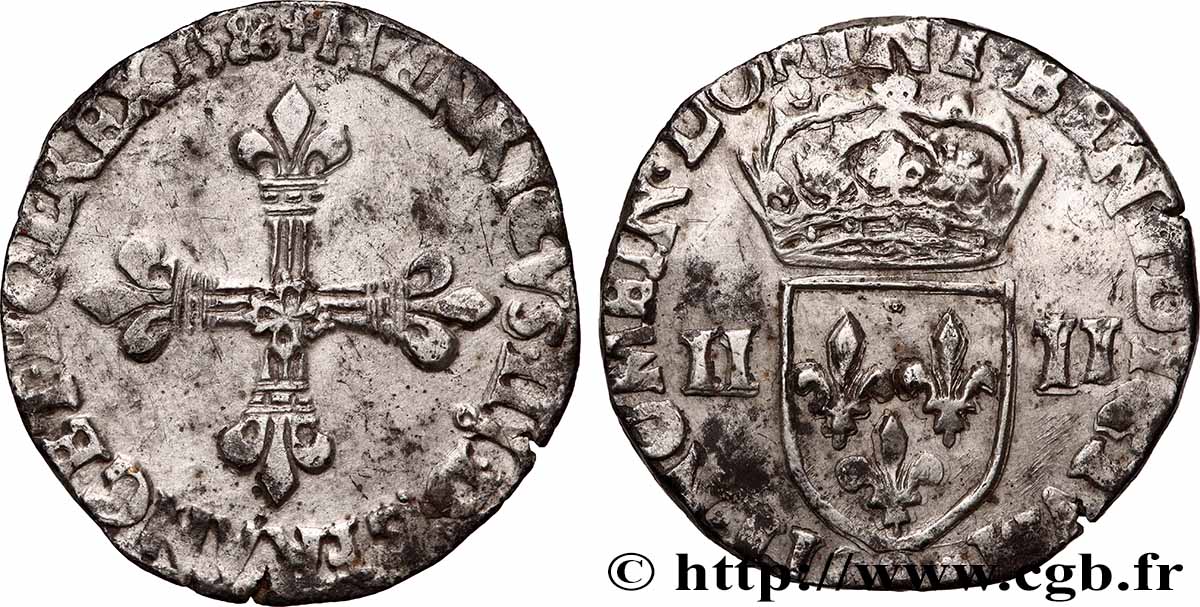 HENRY III Quart d&nbsp;écu, croix de face 1586 Rennes XF