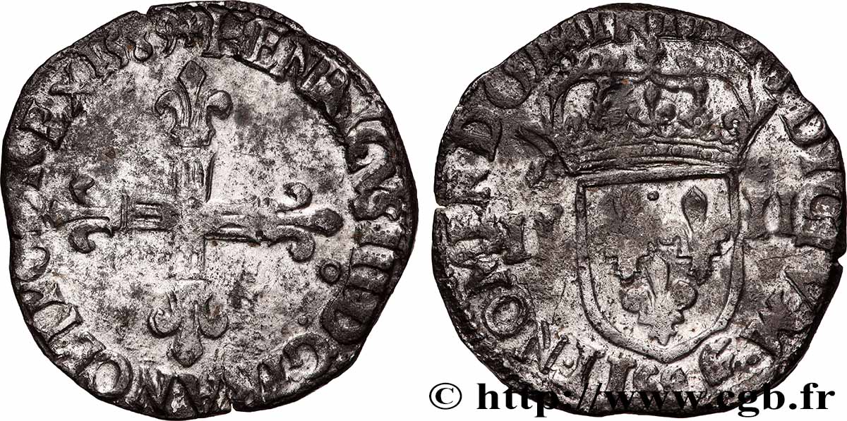 HENRY III Quart d&nbsp;écu, croix de face 1589 Rennes XF/VF