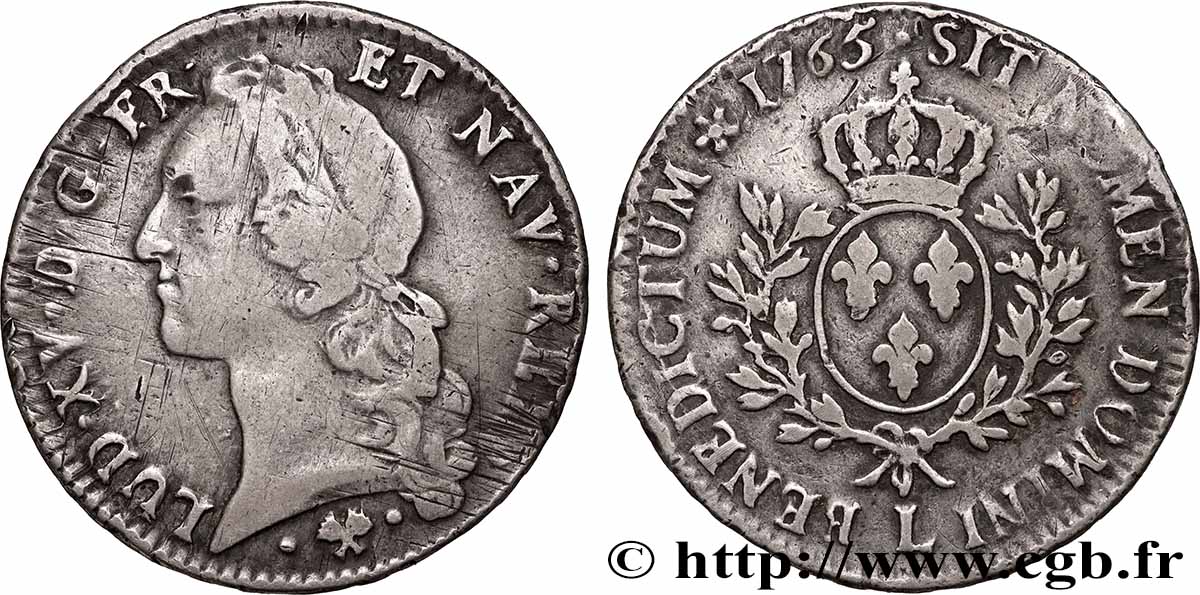 LOUIS XV DIT LE BIEN AIMÉ Écu aux branches d’olivier, tête ceinte d’un bandeau 1765 Bayonne TB+