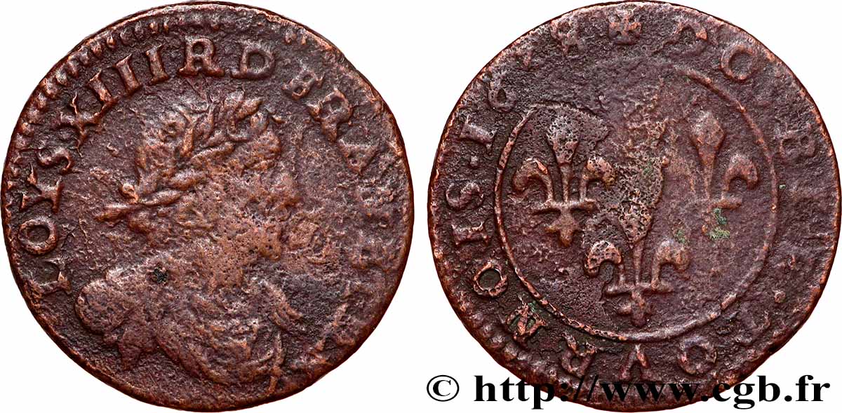 LOUIS XIII Double tournois au grand buste viril drapé 1638 Ateliers de l’axe Loire-Rhône VF
