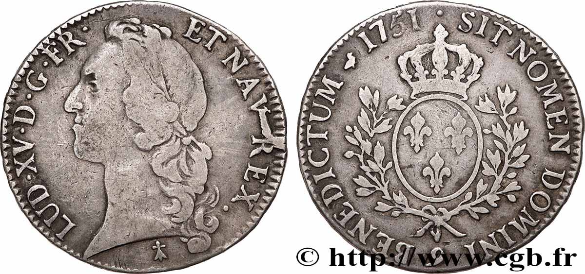 LOUIS XV THE BELOVED Écu aux branches d’olivier, tête ceinte d’un bandeau 1751 Rennes VF