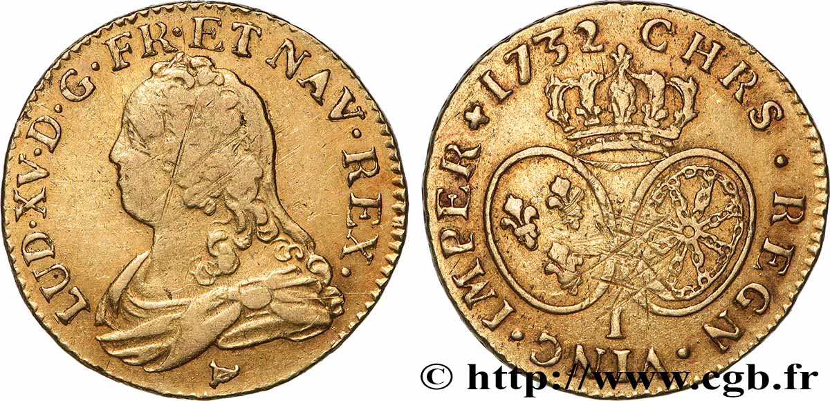 LOUIS XV THE BELOVED Louis d&nbsp;or aux écus ovales, buste habillé 1732 Limoges VF/XF
