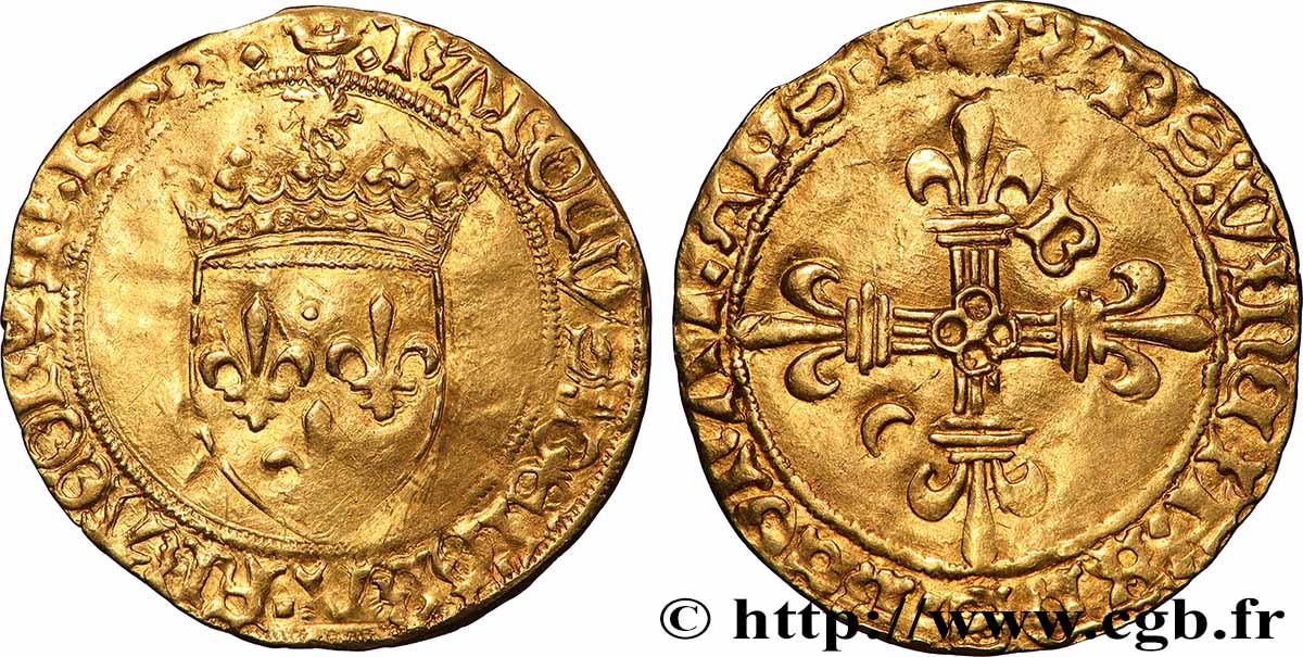 CHARLES VIII Écu d&nbsp;or au soleil, type spécial à la croix cantonnée de lettres n.d. Bordeaux TTB/TTB+