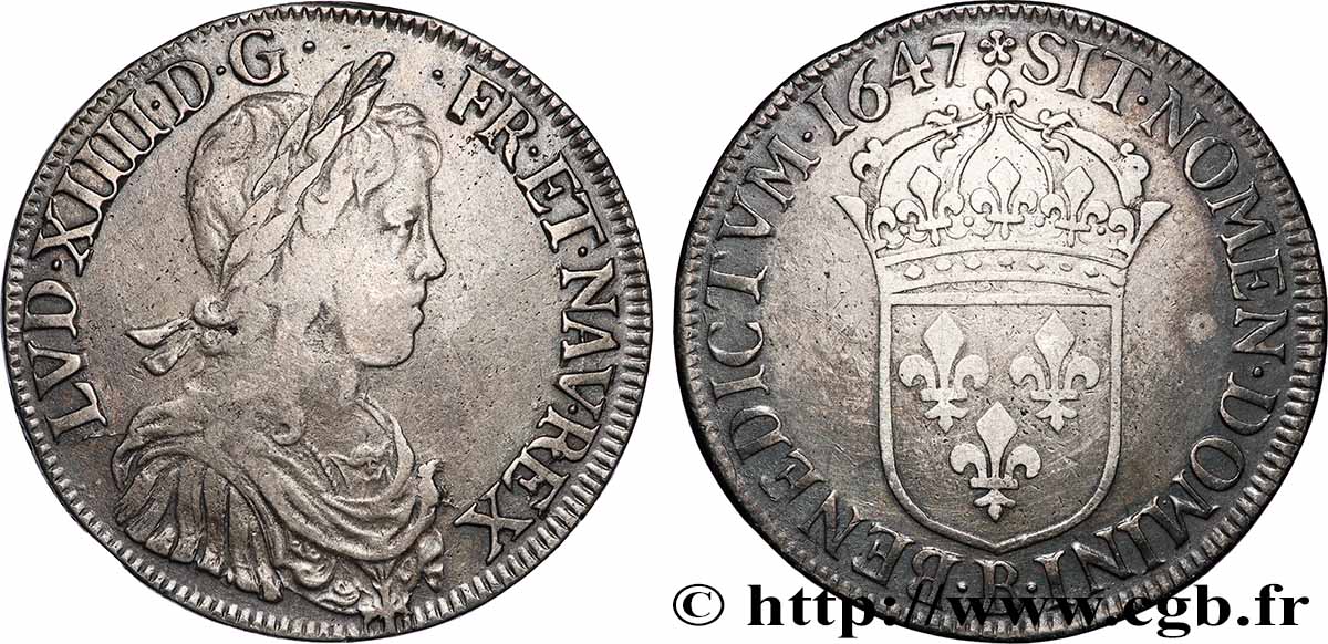 LOUIS XIV &nbsp;THE SUN KING&nbsp; Écu, portrait à la mèche longue 1647 Rouen XF