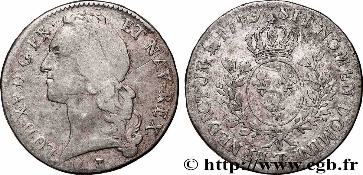 LOUIS XV &nbsp;THE WELL-BELOVED&nbsp; Écu aux branches d’olivier, tête ceinte d’un bandeau 1743 Nantes VF