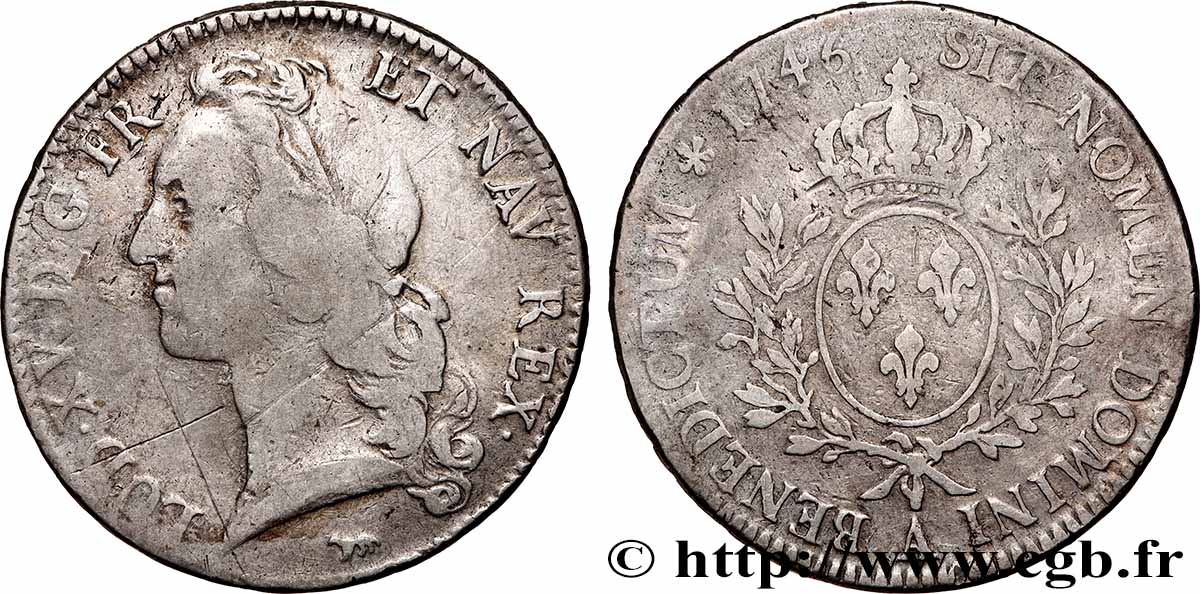 LOUIS XV &nbsp;THE WELL-BELOVED&nbsp; Écu aux branches d’olivier, tête ceinte d’un bandeau 1746 Paris VF