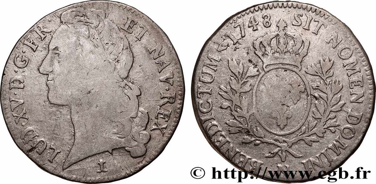 LOUIS XV THE BELOVED Écu aux branches d’olivier, tête ceinte d’un bandeau 1748 Montpellier VF