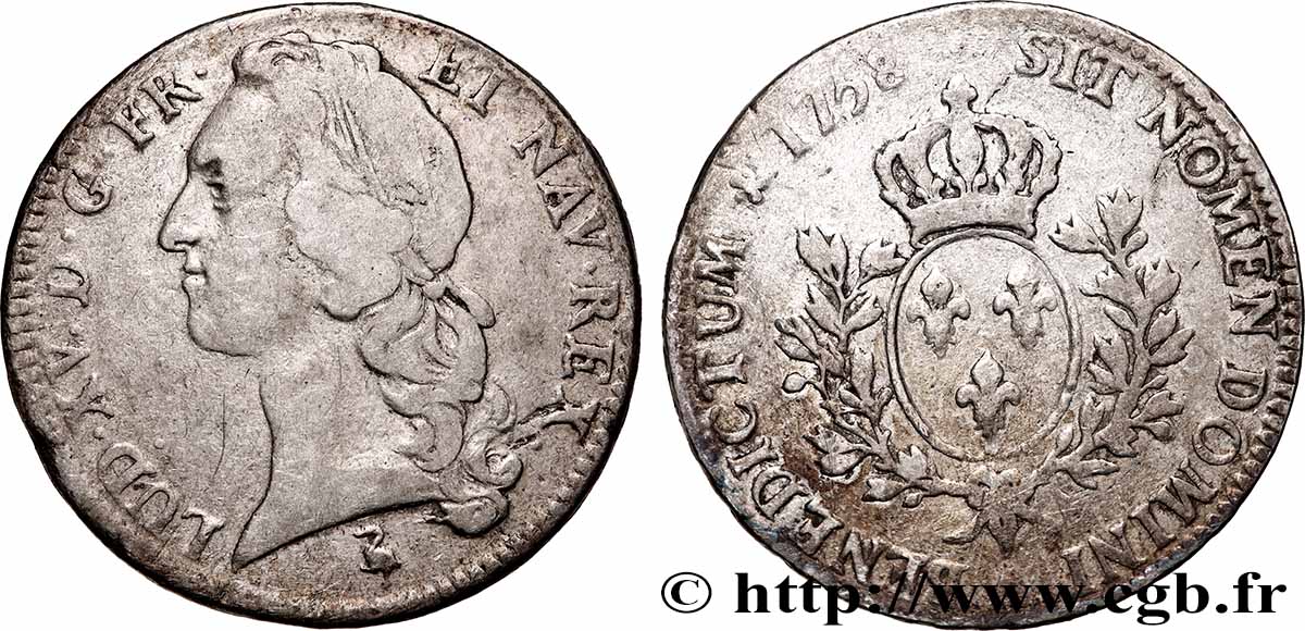 LOUIS XV THE BELOVED Écu aux branches d’olivier, tête ceinte d’un bandeau 1758 Paris VF