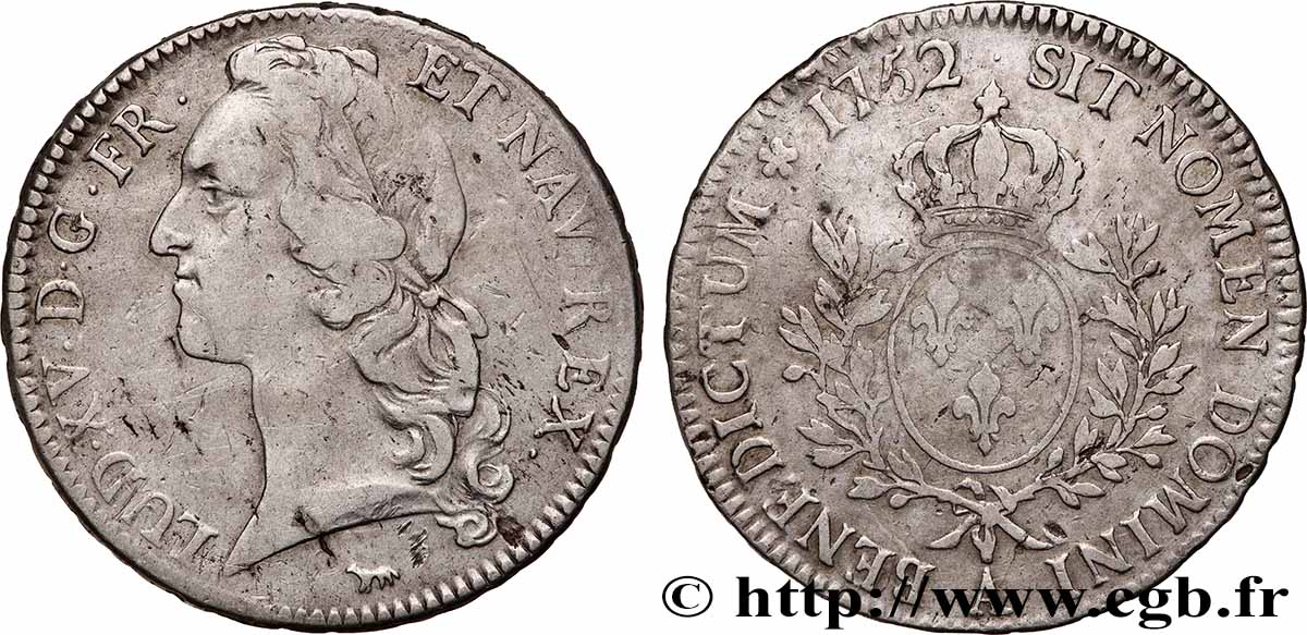LOUIS XV &nbsp;THE WELL-BELOVED&nbsp; Écu aux branches d’olivier, tête ceinte d’un bandeau 1752 Paris q.BB