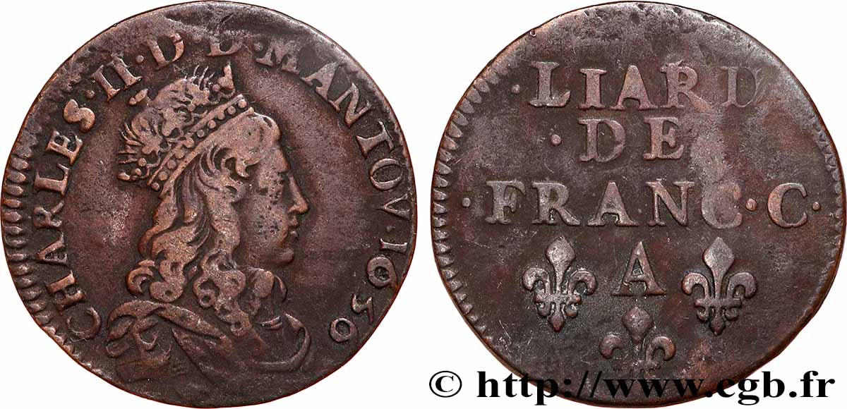 ARDENNES - PRINCIPAUTY OF ARCHES-CHARLEVILLE - CHARLES II OF GONZAGUE Liard de cuivre, 2e type 1656 Charleville XF