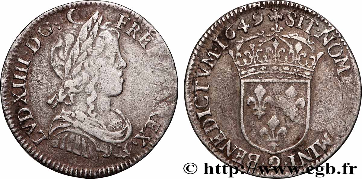 LOUIS XIV LE GRAND OU LE ROI SOLEIL Quart d&nbsp;écu, portait à la mèche longue 1649 Rennes TTB/TB+