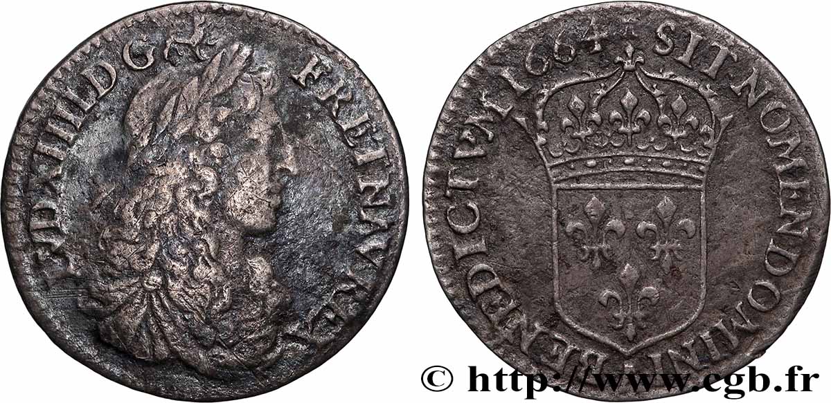 LOUIS XIV &nbsp;THE SUN KING&nbsp; Douzième d&nbsp;écu, portrait apollinien 1664 Paris XF