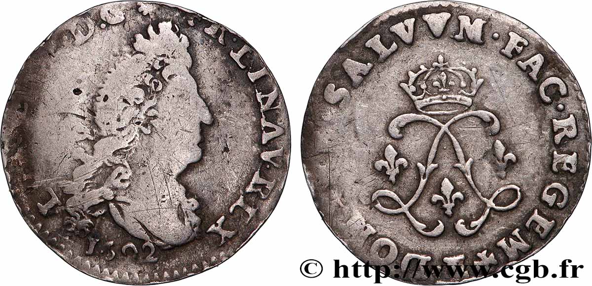 LOUIS XIV &nbsp;THE SUN KING&nbsp; Quatre sols aux deux L 1692 Tours VF/VF