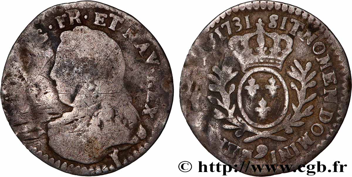 LOUIS XV THE BELOVED Vingtième d’écu aux branches d’olivier, buste habillé 1731 Rennes VF