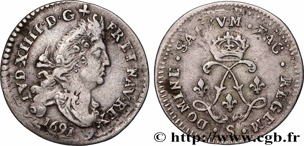 LOUIS XIV &nbsp;THE SUN KING&nbsp; Quatre sols aux deux L 1691 Reims XF