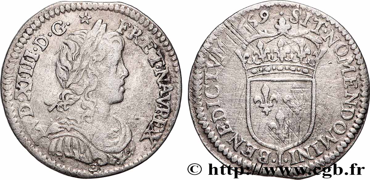 LOUIS XIV &nbsp;THE SUN KING&nbsp; Douzième d&nbsp;écu, portrait à la mèche longue 1659 Limoges VF