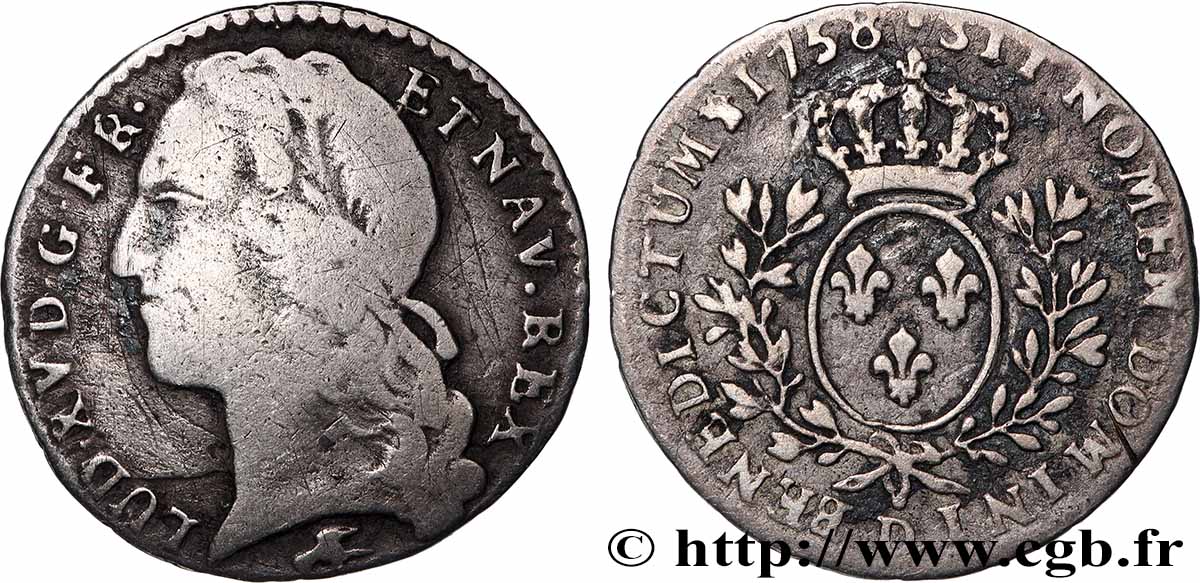 LOUIS XV THE BELOVED Dixième d&nbsp;écu aux branches d’olivier, tête ceinte d’un bandeau 1758 Lyon VF/VF