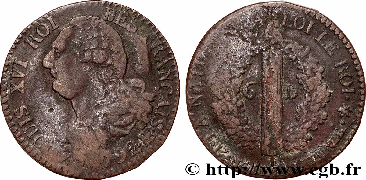 LOUIS XVI (MONARQUE CONSTITUTIONNEL)  6 deniers dit &nbsp;au faisceau&nbsp;, type FRANÇAIS 1792 Strasbourg TB+