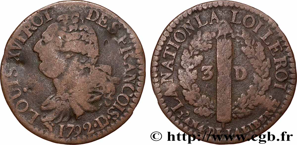 LOUIS XVI 3 deniers dit &nbsp;au faisceau&nbsp;, type FRANCOIS 1792 Lyon q.BB