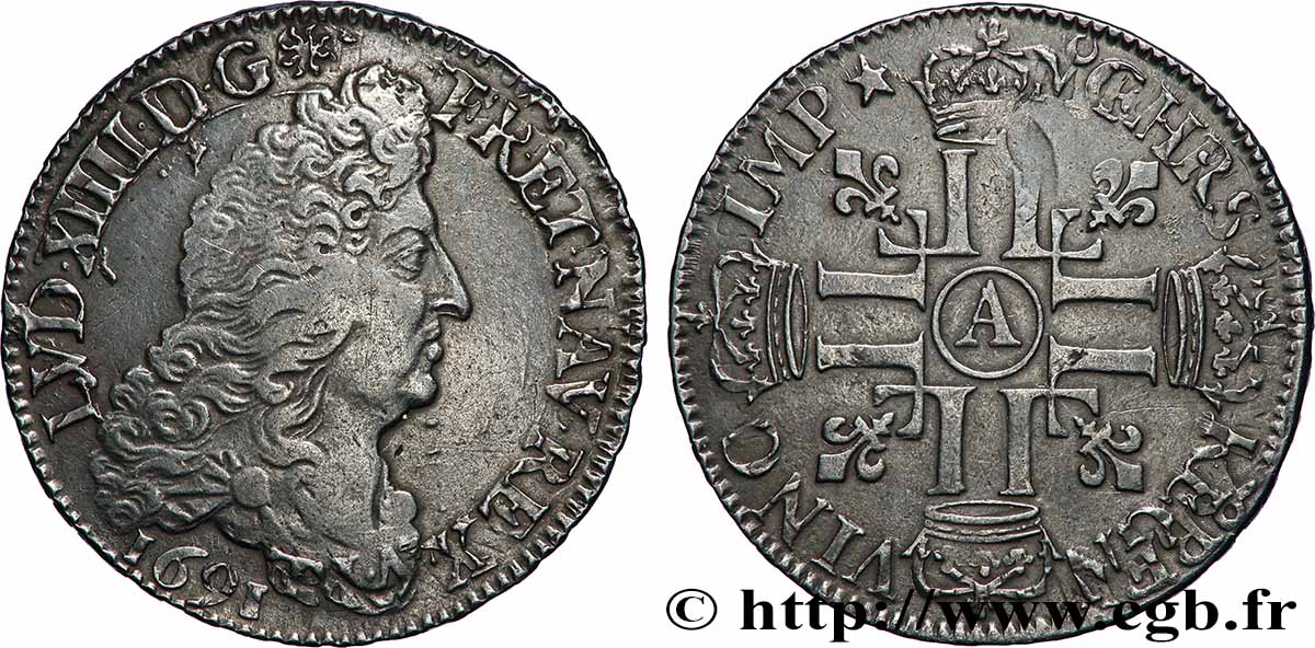 LOUIS XIV &nbsp;THE SUN KING&nbsp; Demi-écu aux huit L, 1er type 1691 Paris SS/fVZ
