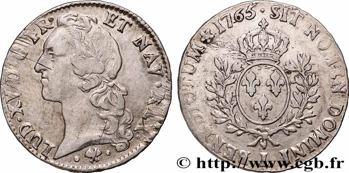 LOUIS XV THE BELOVED Écu aux branches d’olivier, tête ceinte d’un bandeau 1765 Bayonne XF
