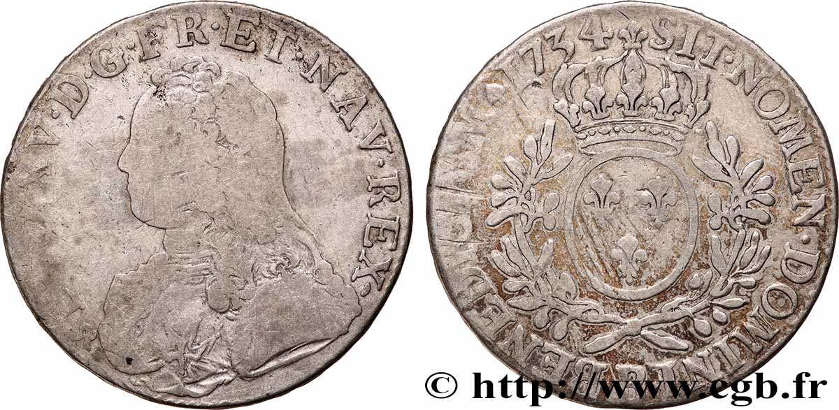 LOUIS XV &nbsp;THE WELL-BELOVED&nbsp; Écu aux branches d&nbsp;olivier, buste habillé 1734 Rouen MB/q.BB