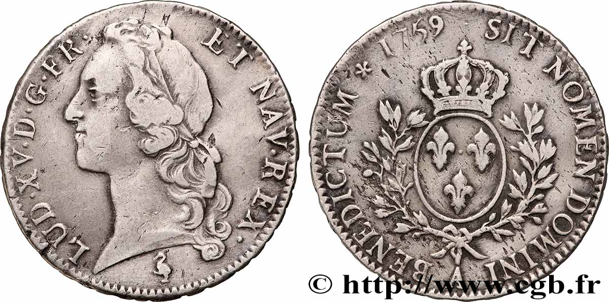 LOUIS XV DIT LE BIEN AIMÉ Écu aux branches d’olivier, tête ceinte d’un bandeau 1759 Paris TTB