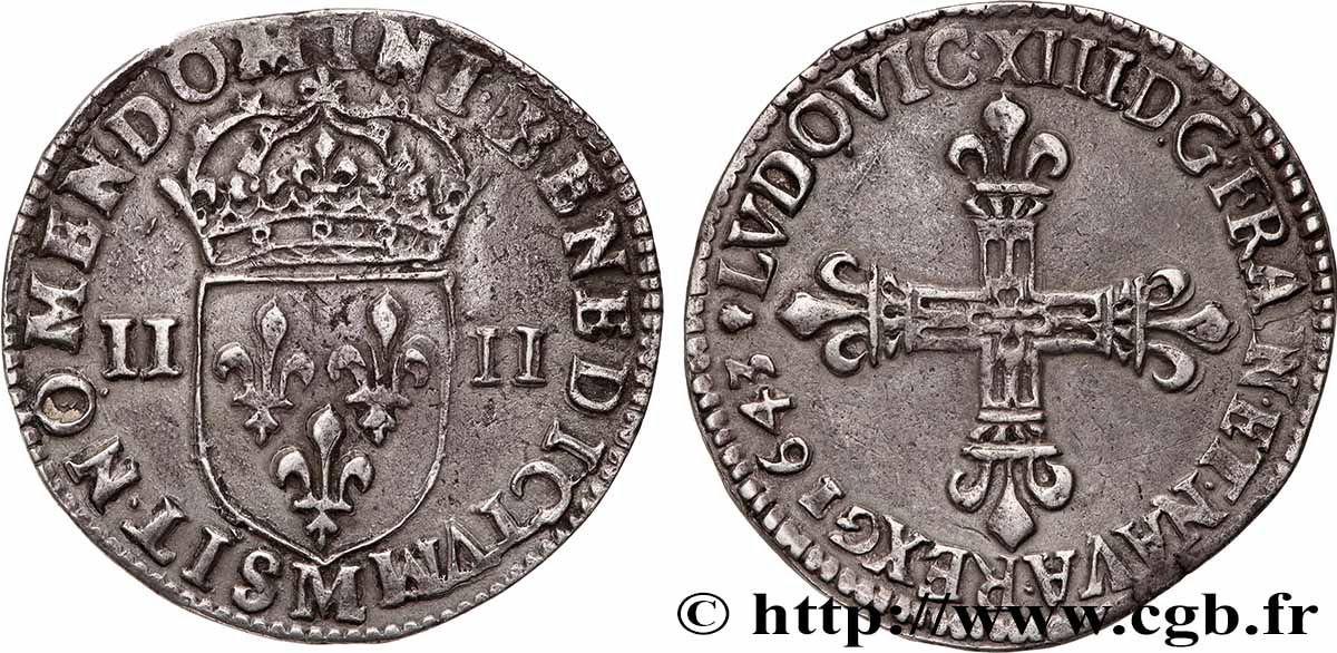 LOUIS XIII LE JUSTE Quart d&nbsp;écu, à la croix fleurdelisée, titulature côté croix 1643 Toulouse SUP