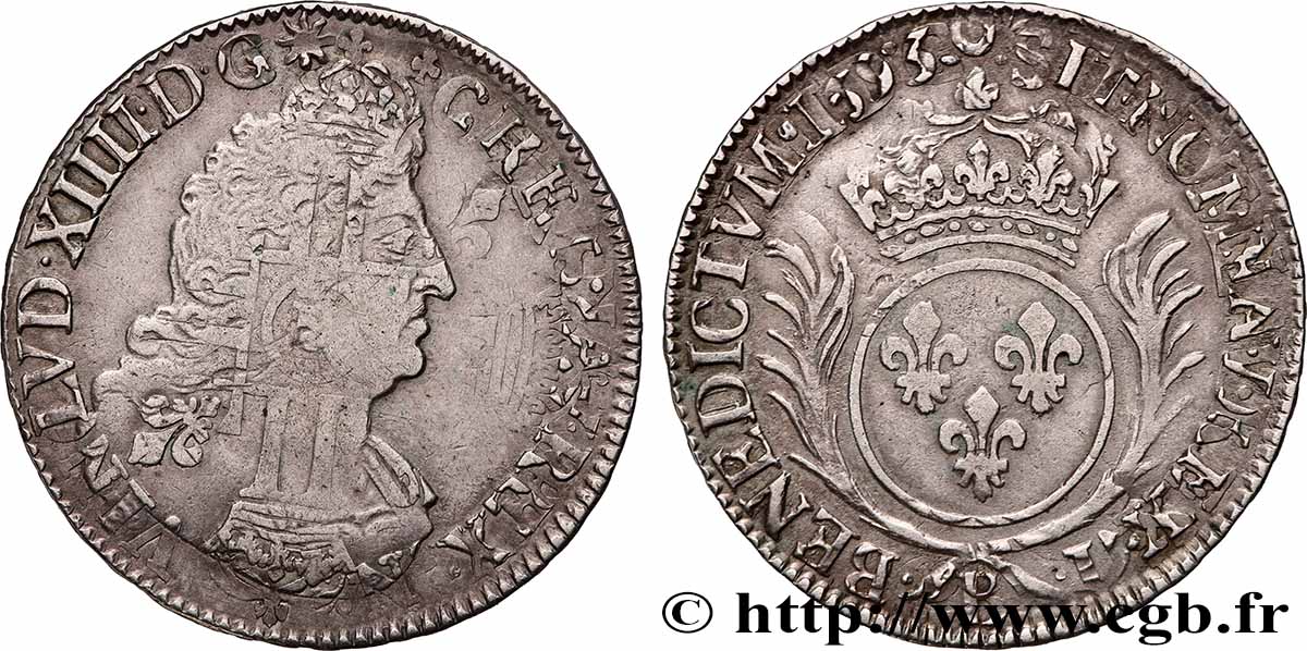 LOUIS XIV &nbsp;THE SUN KING&nbsp; Demi-écu aux palmes 1693 Rouen XF