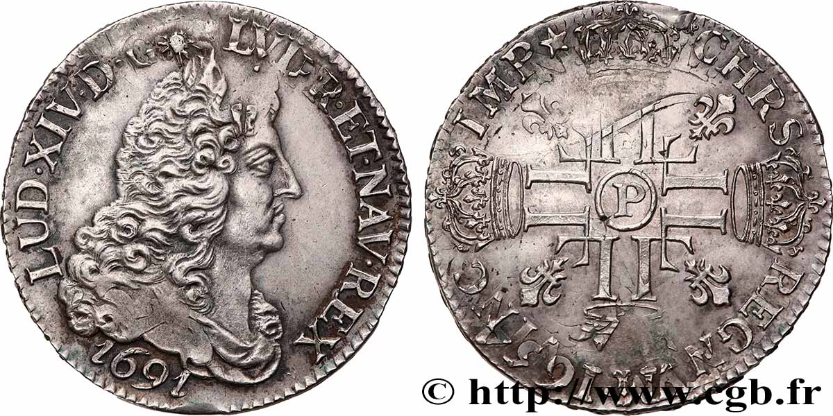LOUIS XIV LE GRAND OU LE ROI SOLEIL Demi-écu aux huit L, 1er type 1691 Dijon TTB+