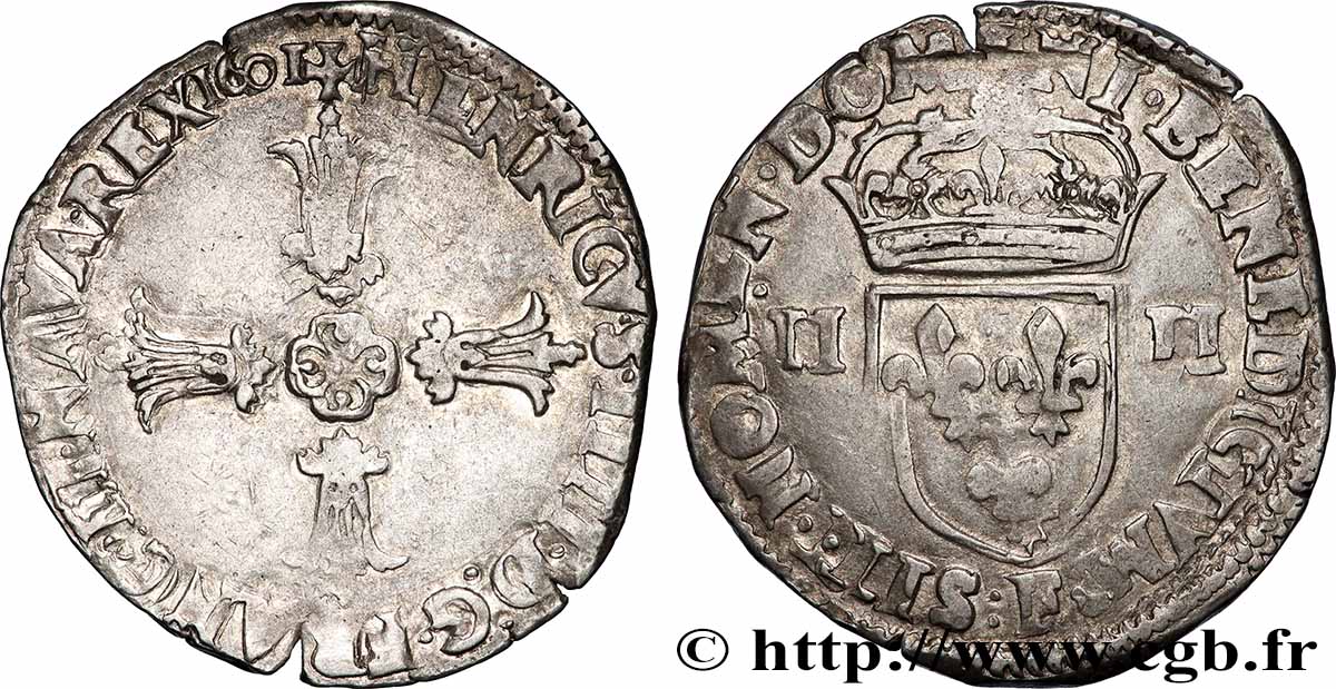 HENRY IV Quart d&nbsp;écu, croix feuillue de face 1601 Angers XF