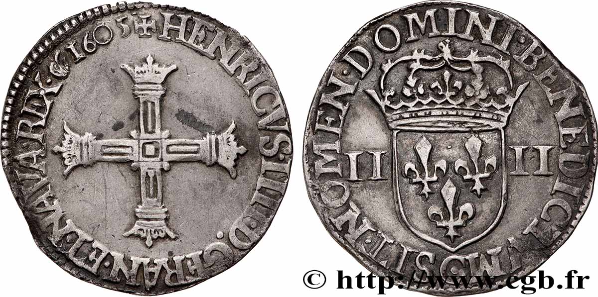 HENRY IV Quart d&nbsp;écu, croix bâtonnée et couronnée de face 1605 Saint-Lô AU/AU