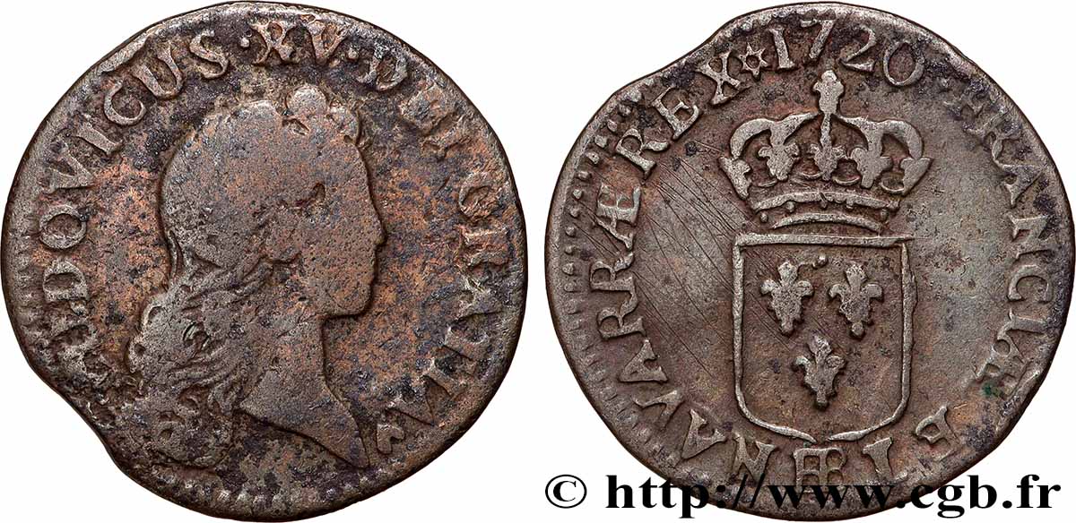 LOUIS XV &nbsp;THE WELL-BELOVED&nbsp; Liard au buste enfantin 1720 Strasbourg fS/S