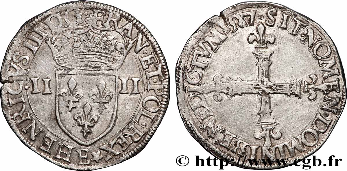 HENRY III Quart d&nbsp;écu, écu de face 1587 Tours XF/VF