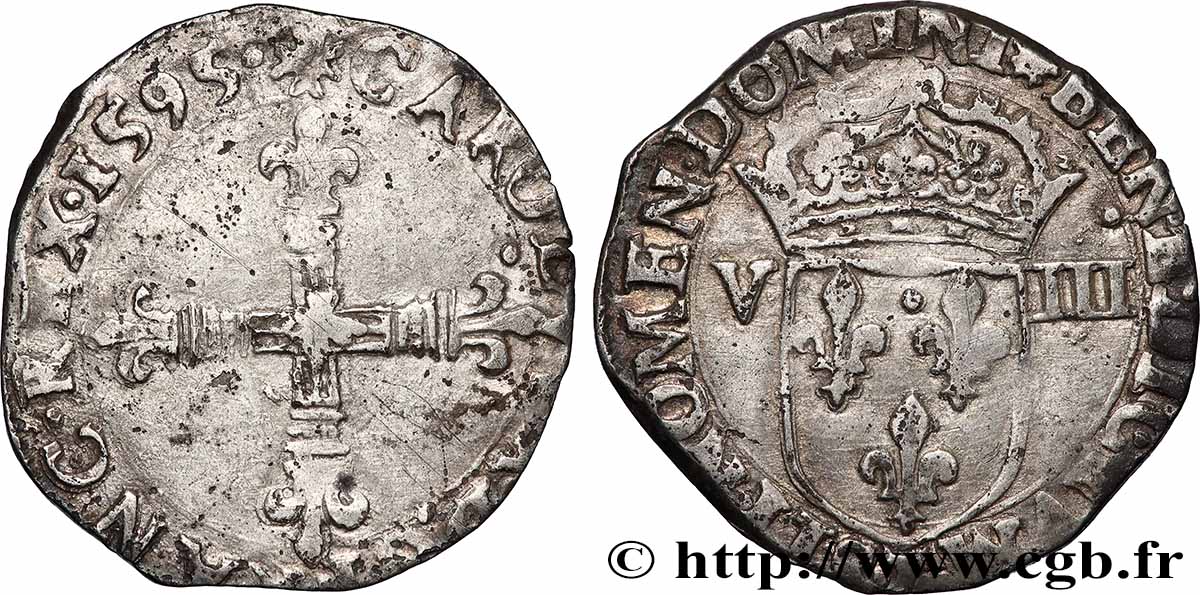 CHARLES X, CARDINAL DE BOURBON Huitième d&nbsp;écu, croix de face 1595 Nantes TB/TTB
