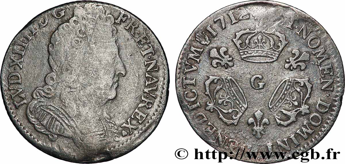 LOUIS XIV &nbsp;THE SUN KING&nbsp; Dixième d&nbsp;écu aux trois couronnes 1712 Poitiers F/VF
