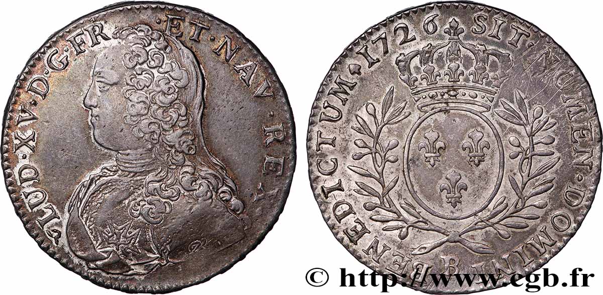 LOUIS XV DIT LE BIEN AIMÉ Demi-écu aux branches d&nbsp;olivier, buste habillé 1726 Rouen TTB+