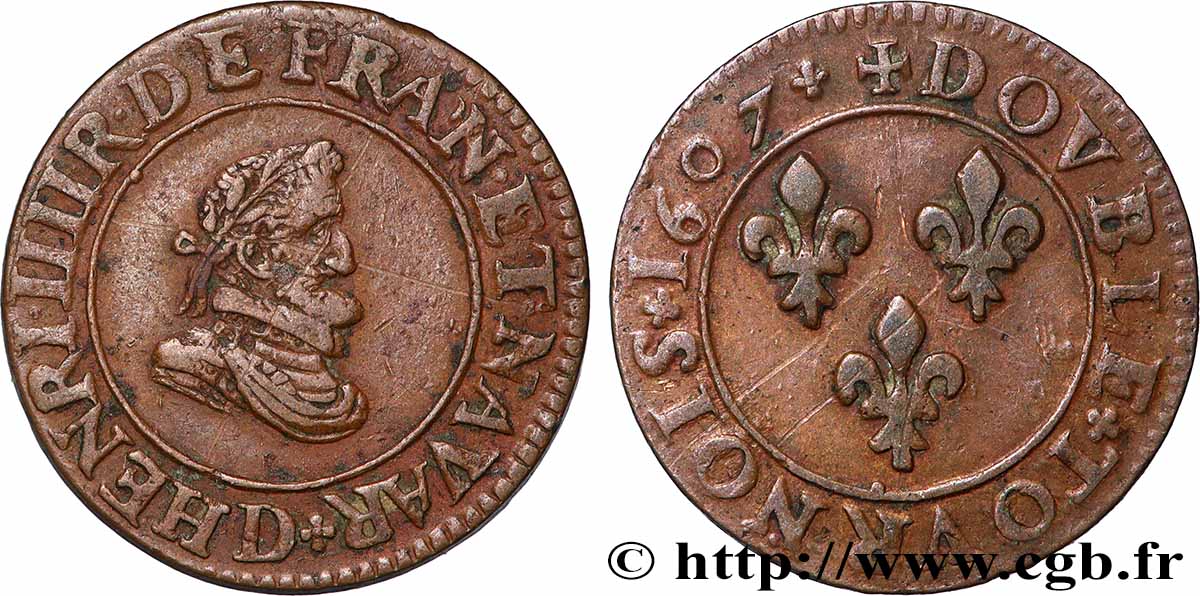 HENRI IV LE GRAND Double tournois, 1er type 1607 Lyon TTB+