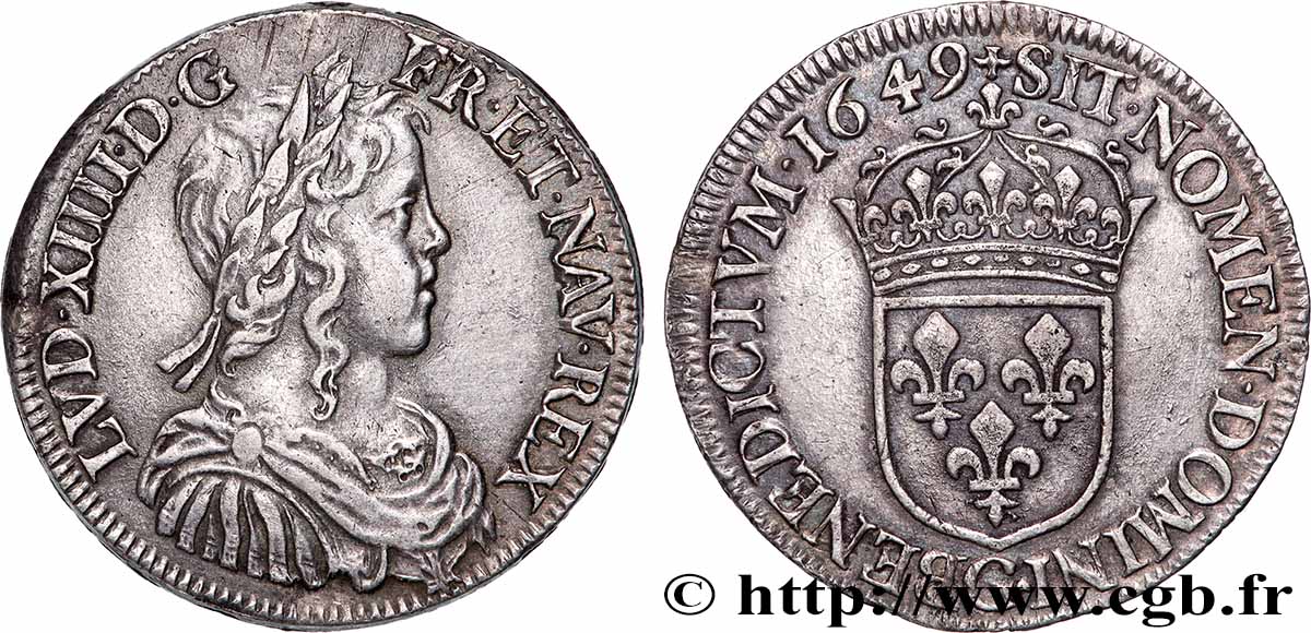 LOUIS XIV LE GRAND OU LE ROI SOLEIL Demi-écu, portrait à la mèche longue 1649 Poitiers TTB+