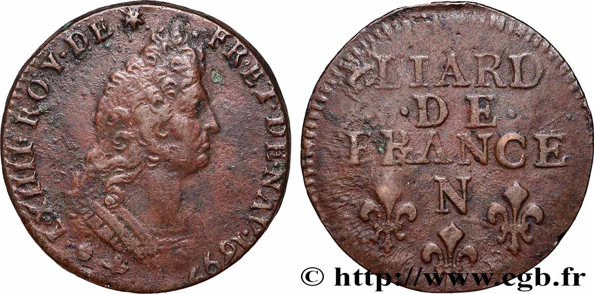 LOUIS XIV LE GRAND OU LE ROI SOLEIL Liard, 3e type, buste âgé 1697 Montpellier TTB+