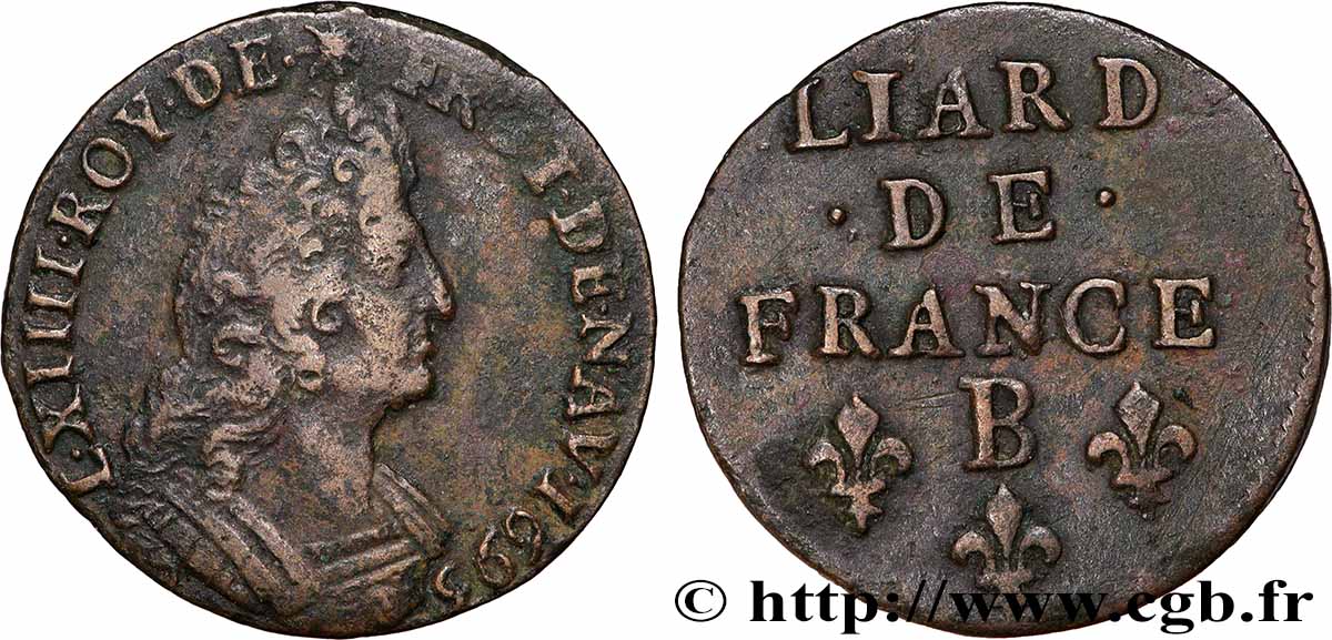 LOUIS XIV LE GRAND OU LE ROI SOLEIL Liard, 3e type, buste âgé 1693 Rouen TTB+