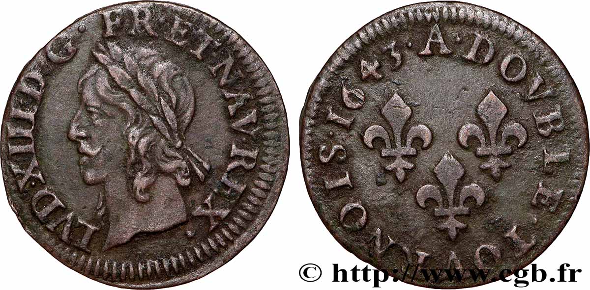 LOUIS XIII LE JUSTE Double tournois, type de Warin 1643 Corbeil TTB+