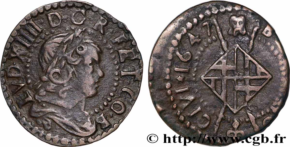 ESPAGNE - COMTÉ DE BARCELONE - LOUIS XIV LE GRAND OU LE ROI SOLEIL Sizain, 2e type 1647 Barcelone TTB