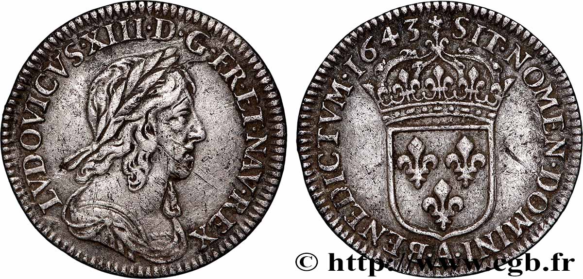 LOUIS XIII LE JUSTE Douzième d&nbsp;écu, buste drapé et cuirassé (2e buste de Jean Warin) 1643 Paris, Monnaie de Matignon TTB